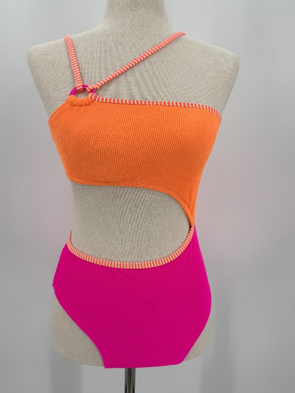 Cupshe Neon Pink Orange Smocked One-Shoulder Ring Cutout Swimsuit Women S